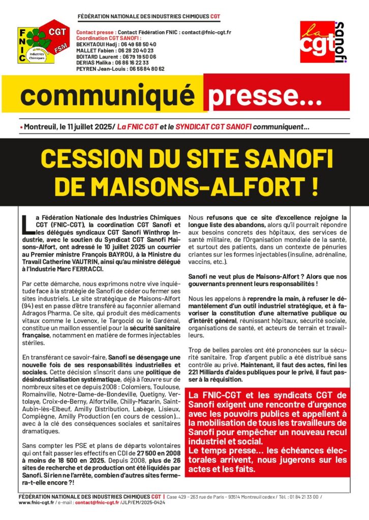 Aperçu du document CP CESSION DU SITE SANOFI DE MAISONS ALFORT