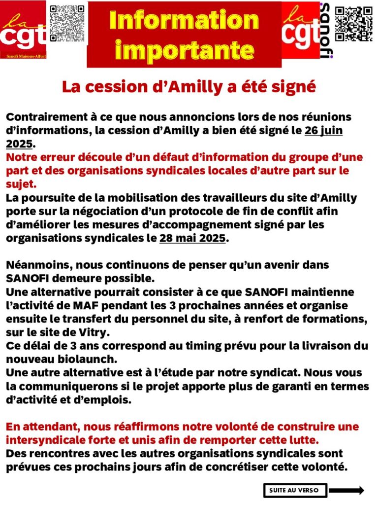Aperçu du document La cession d’Amilly a été signé. CGT SANOFI