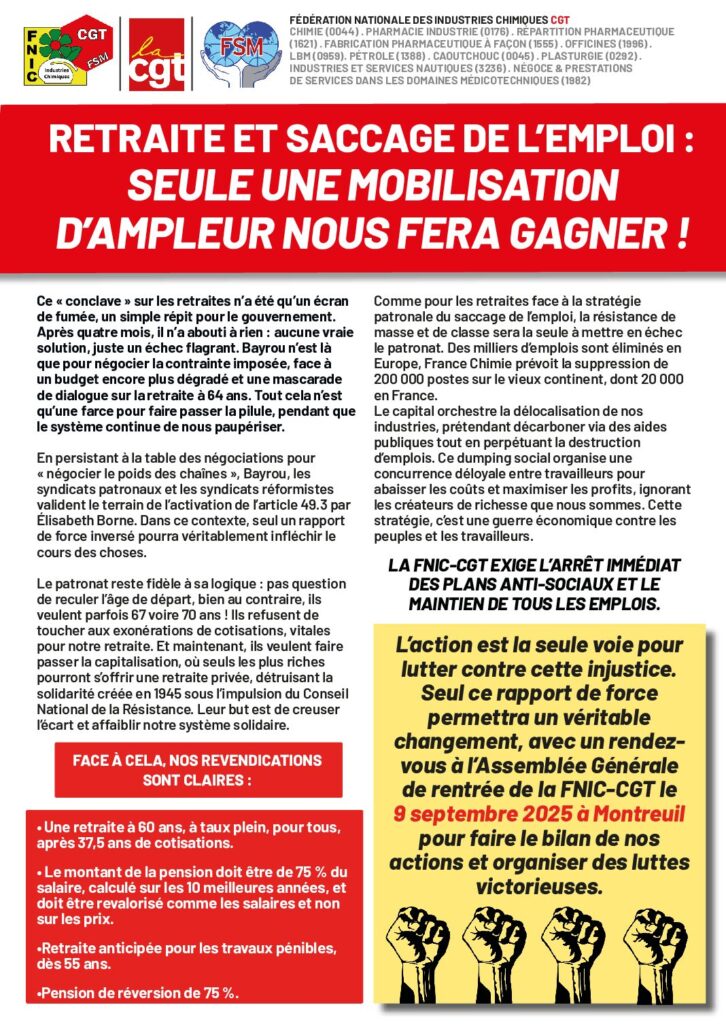 Aperçu du document RETRAITE ET SACCAGE DE L’EMPLOI – SEULE UNE MOBILISATION D&rsquo;AMPLEUR NOUS FERA GAGNER !