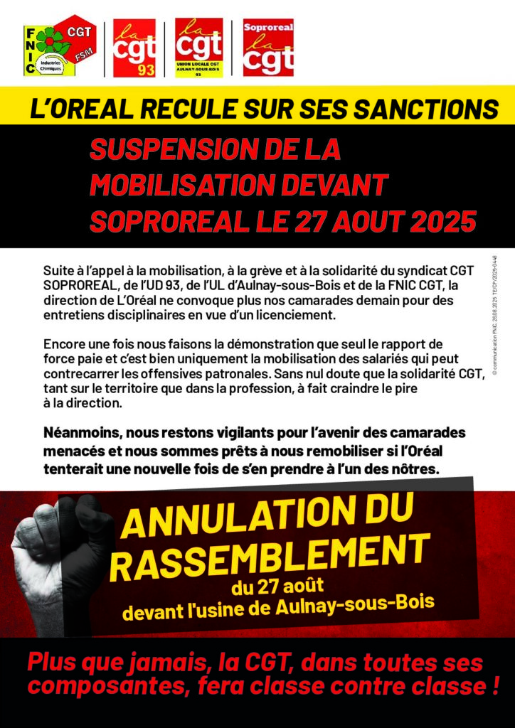 Aperçu du document L&rsquo;OREAL RECULE SUR SES SANCTIONS-ANNULATION DU RASSEMBLEMENT DU 27 AOUT 2025-1