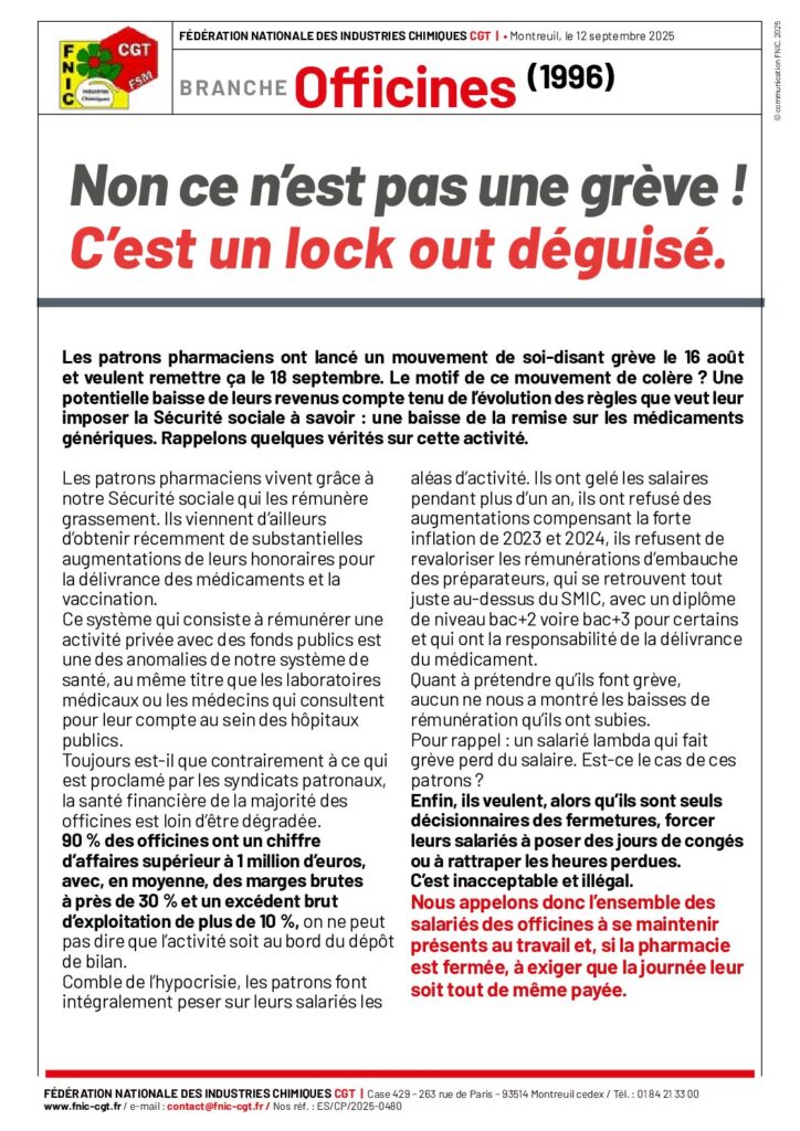 Aperçu du document Circulaires FNIC officines – Non ce n&rsquo;est pas une grève C&rsquo;est un lock out déguisé