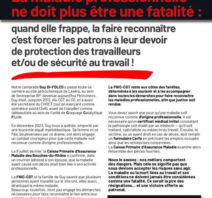 LA MALADIE PROFESSIONNELLE NE DOIT PLUS ÊTRE UNE FATALITÉ