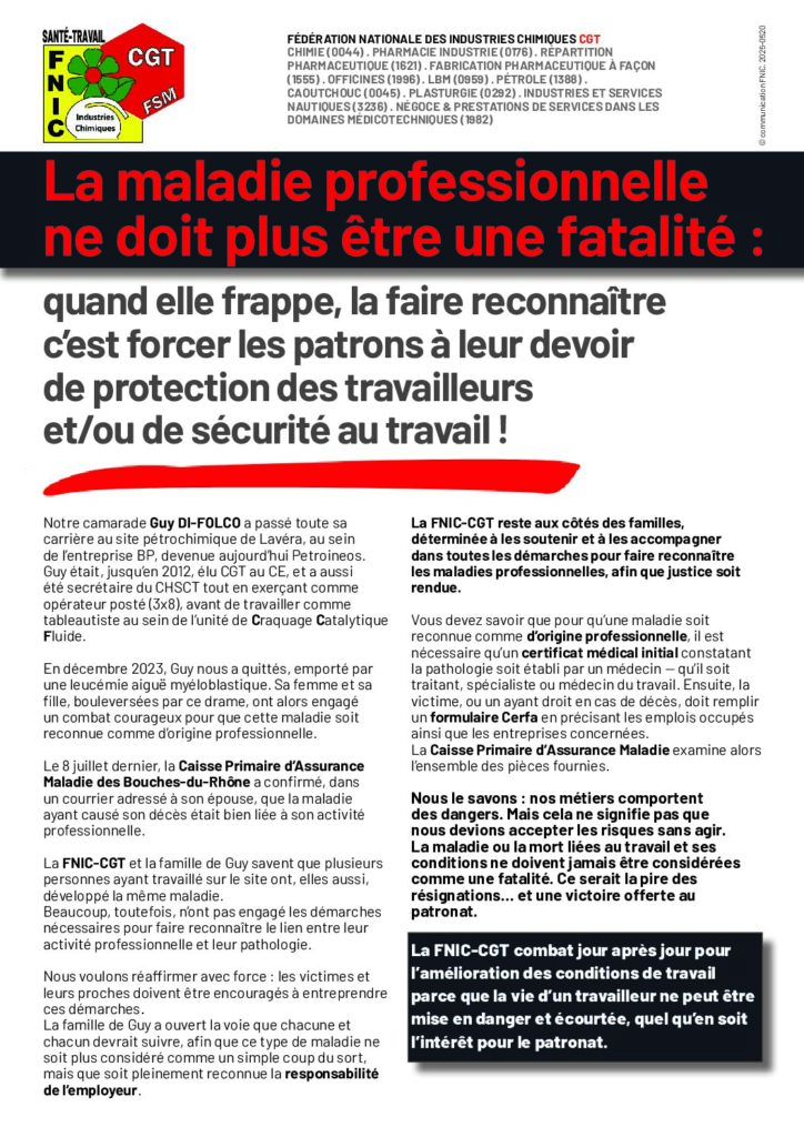 Aperçu du document LA MALADIE PROFESSIONNELLE NE DOIT PLUS ETRE UNE FATALITE