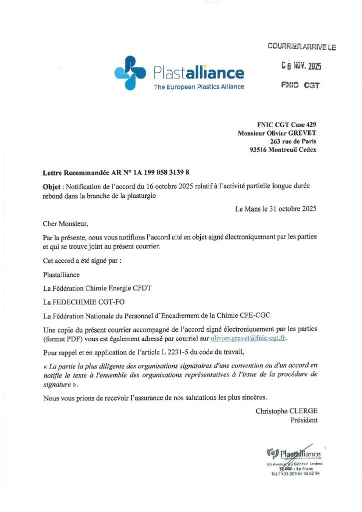 Aperçu du document ACCORD DU 16 OCTOBRE 2025 RELATIF A L ACTIVITE PARTIELLE LONGUE DUREE REBOND DANS LA BRANCHE PLASTURGIE