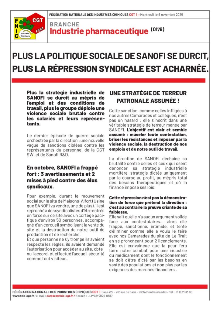 Aperçu du document COMMUNIQUE DE BRANCHE -PLUS LA POLITIQUE SOCIALE DE SANOFI SE DURCIE PLUS LA REPRESSION SYNDICALE EST ACHARNEE