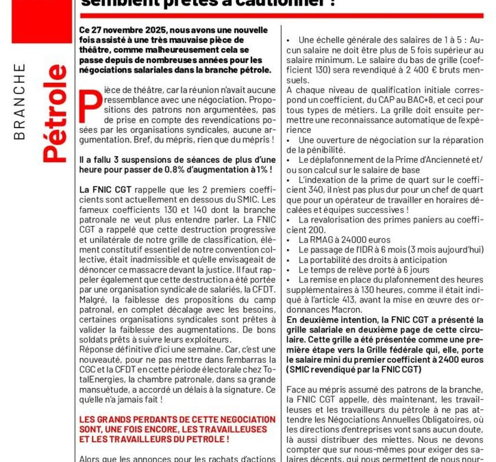 Negociations salariales de la branche petrole du 27 novembre 2025