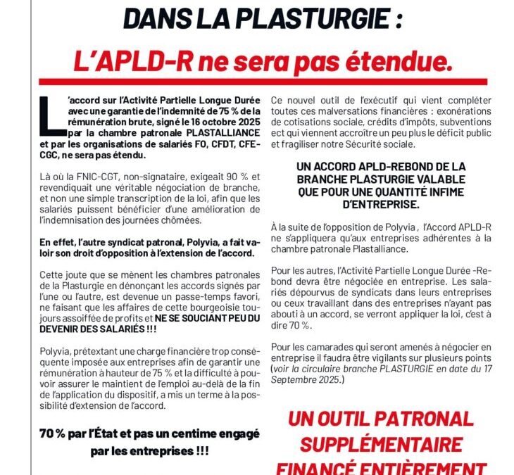 REBONDISSEMENT dans la plasturgie – l&rsquo;APLDR ne sera pas étendue