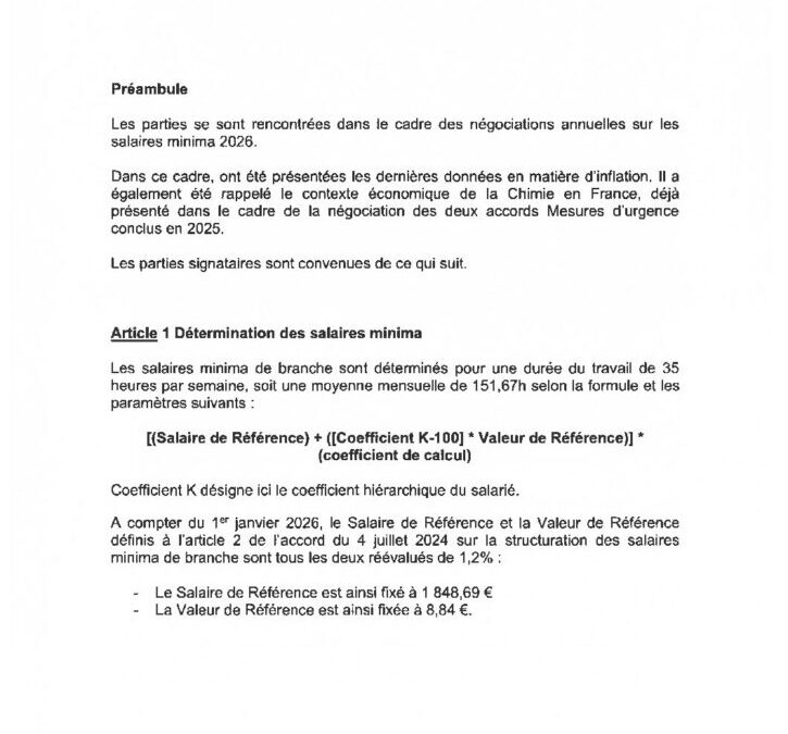 Accord sur les salaires minima de branche dans les industries chimiques