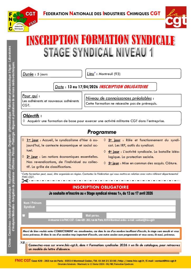 Aperçu du document Circulaire STAGE SYNDICAL Niveau 1  du 13 au 17 avril 2026  MONTREUIL