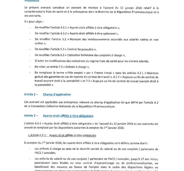 AVENANT n°7 à l&rsquo;accord du 12 janvier 2016 relatif à la complémentaire frais de santé et prévoyance