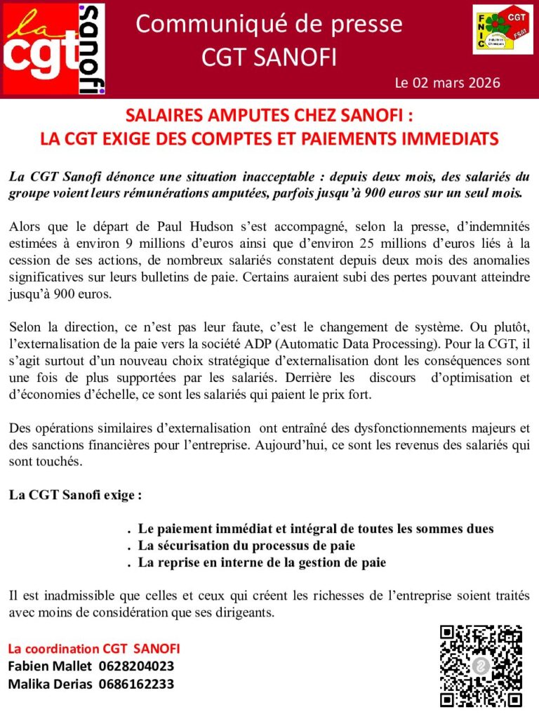 Aperçu du document 20260302 COM PRESSE CGT SANOFI LA CGT EXIGE DES COMPTES ET PAIEMENTS IMMEDIATS