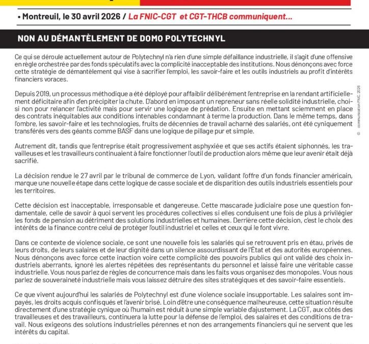 Communiqué de presse : Non au démantèlement de Domo Polytechnyl
