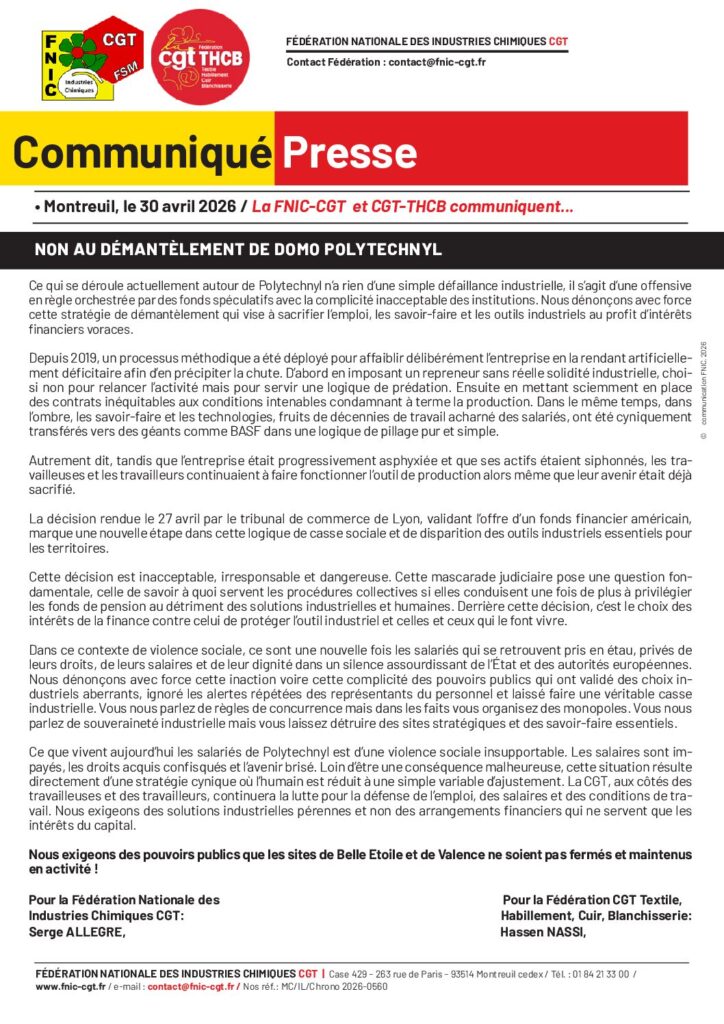 Aperçu du document CP Non au demantelement de Domo Polytechnyl 30 04 2026
