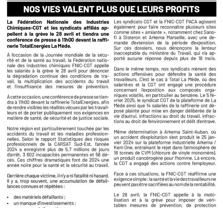 Communiqué de Presse – TotalEnergies La Mède: Nos vies valent plus que leurs profits