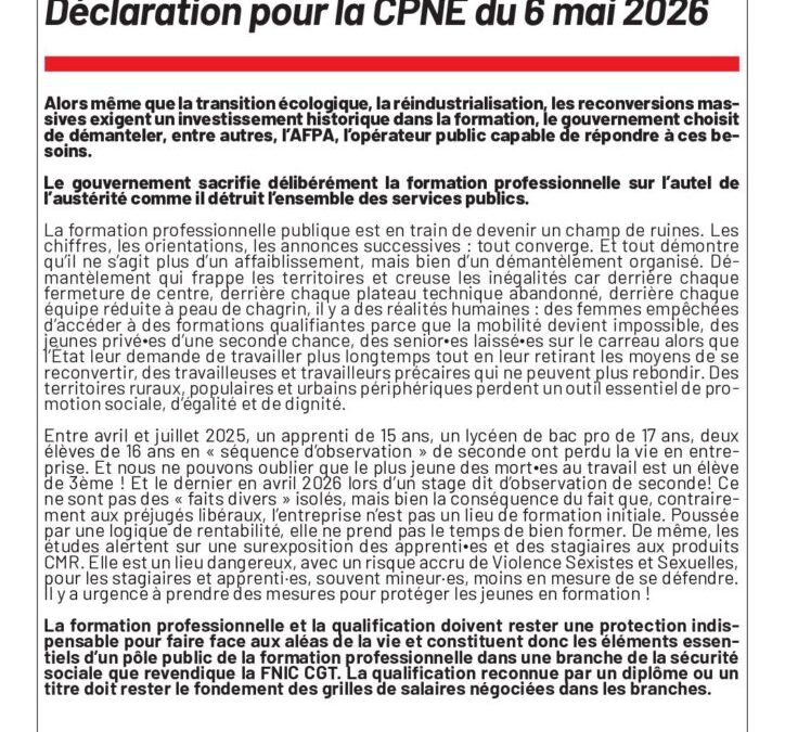 Déclaration pour la CPNE du 6 mai 2026
