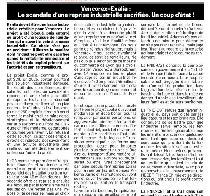 Communiqué de presse : Vencorex – Exalia : Le scandale d&rsquo;une reprise industrielle sacrifiée
