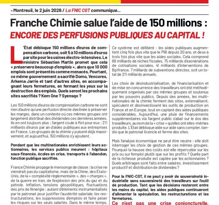 CP France Chimie salue l&rsquo;aide de 150 millions – encore des perfusions publiques au capital !