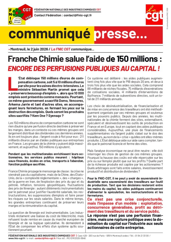 Aperçu du document France Chimie salue l&rsquo;aide de 150 millions – encore des perfusions publiques au capital !