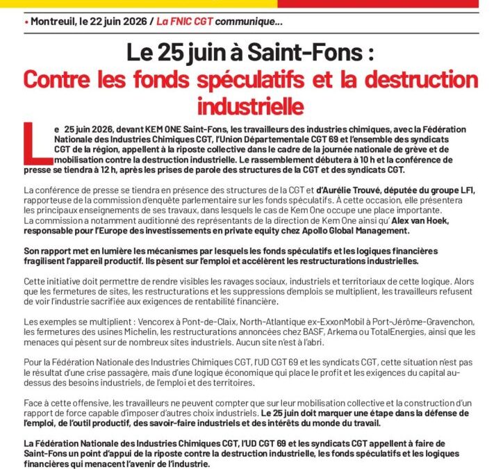 le 25 juin à Saint-Fons contre les fonds spéculatifs et la destruction industrielle