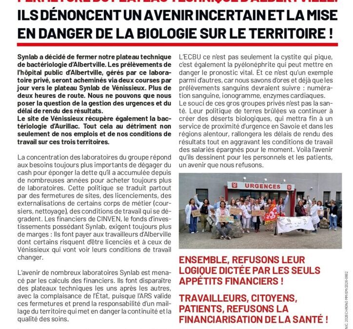 CIRCULAIRE BRANCHE LBM : LES SALARIÉS DE SYNLAB ALBERVILLE REFUSENT LA FERMETURE DU PLATEAU TECHNIQUE D’ALBERTVILLE.