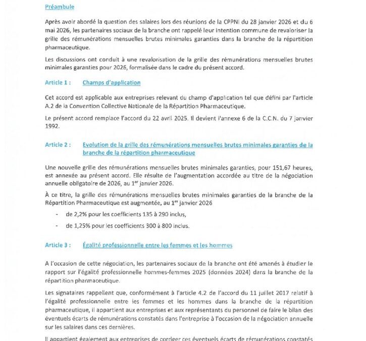 ACCORD PROFESSIONNEL DE SALAIRES 2026