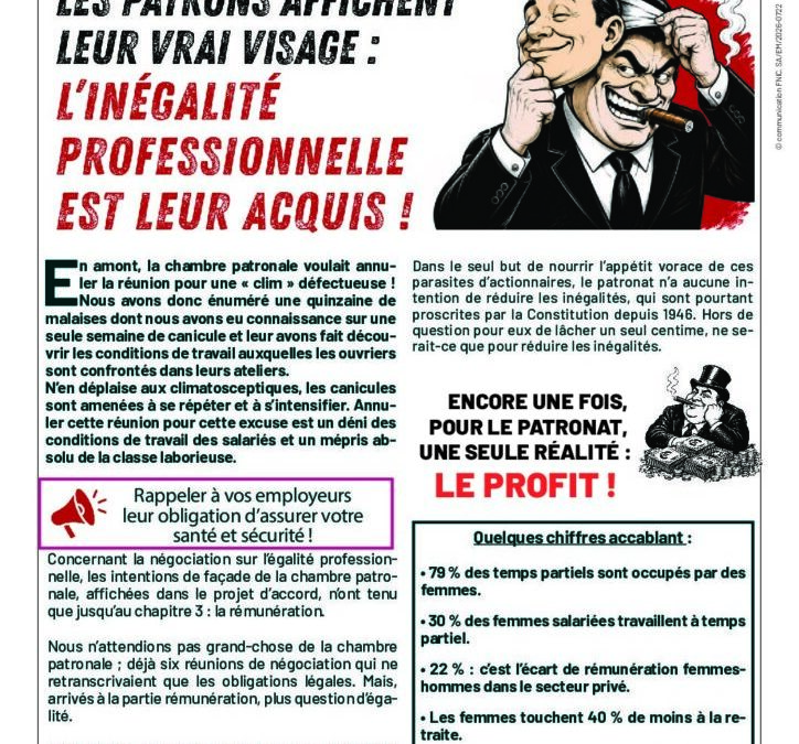 CIRCULAIRE BRANCHE CAOUTCHOUC – Les patrons affichent leur vrai visage : l&rsquo;inégalité professionnelle est leur acquis !