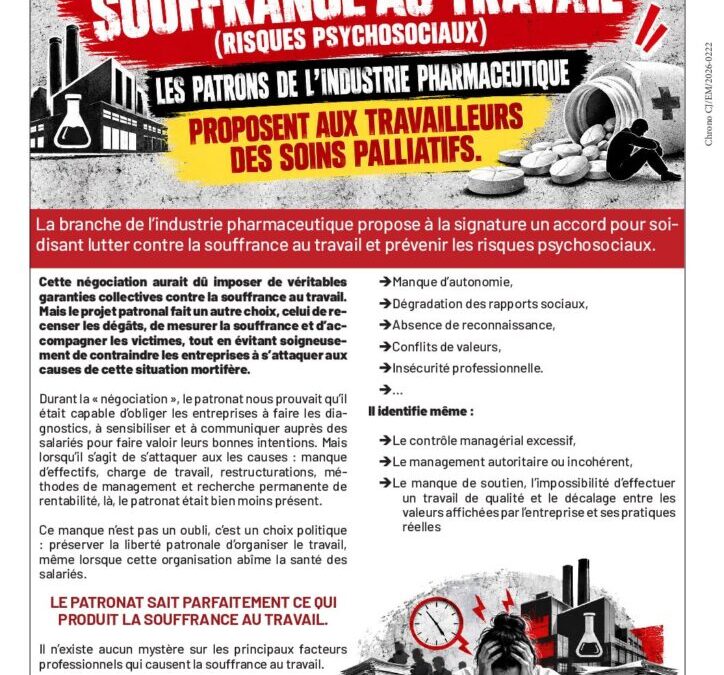 SOUFFRANCE AU TRAVAIL (RISQUES PSYCHOSOCIAUX) : LES PATRONS DE L’INDUSTRIE PHARMACEUTIQUE PROPOSENT AUX TRAVAILLEURS DES SOINS PALLIATIFS