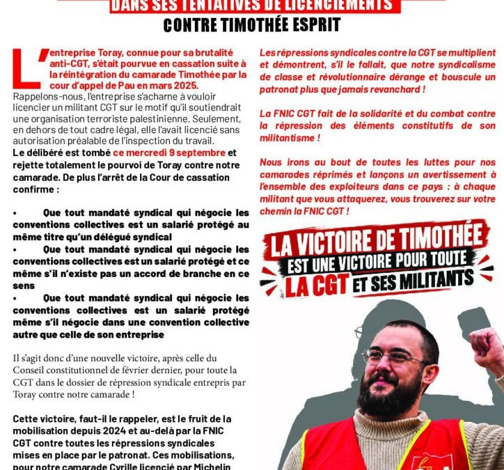 NOUVELLE VICTOIRE DANS LA LUTTE CONTRE LA REPRESSION SYNDICALE