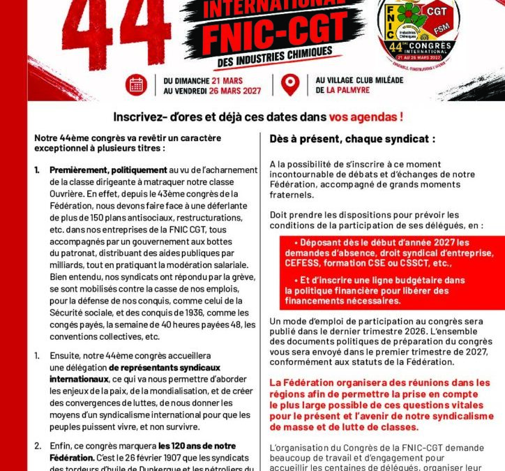 44ème congrès international fnic-cgt des industries chimiques
