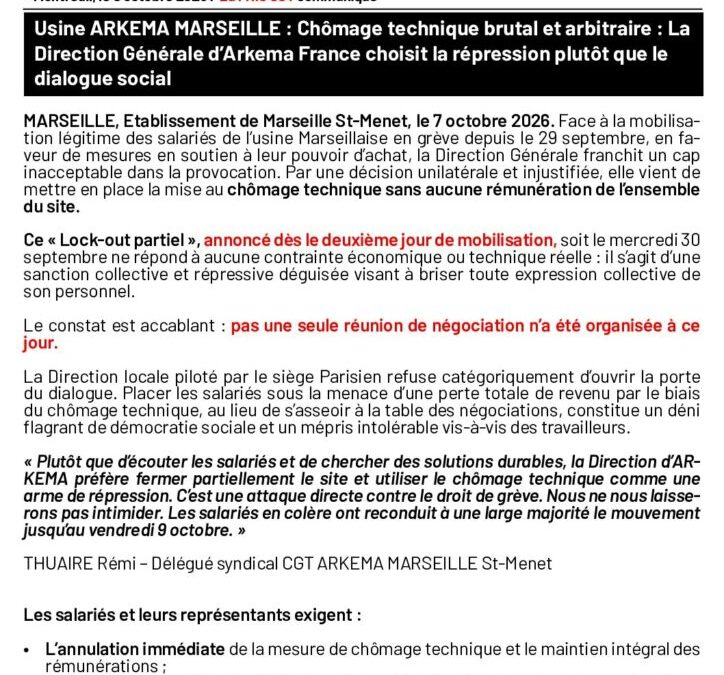Communiqué de presse : ARKEMA MARSEILLE – la répression plutôt que le dialogue social