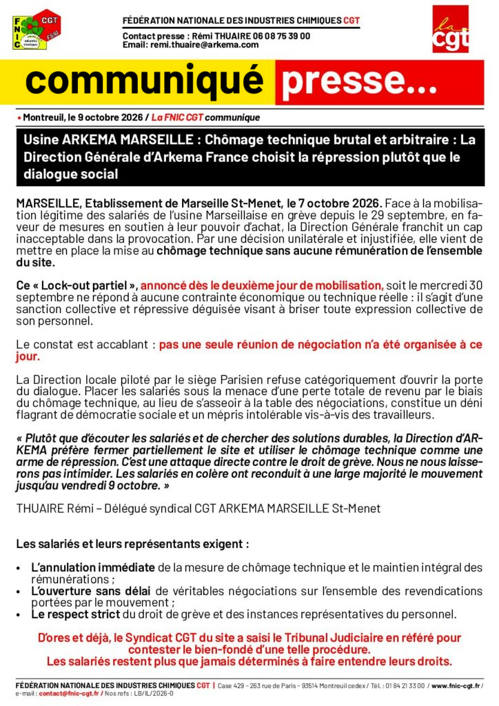 Aperçu du document CP – Arkema Marseille – la répression plutôt que le dialogue social 09 10 2026