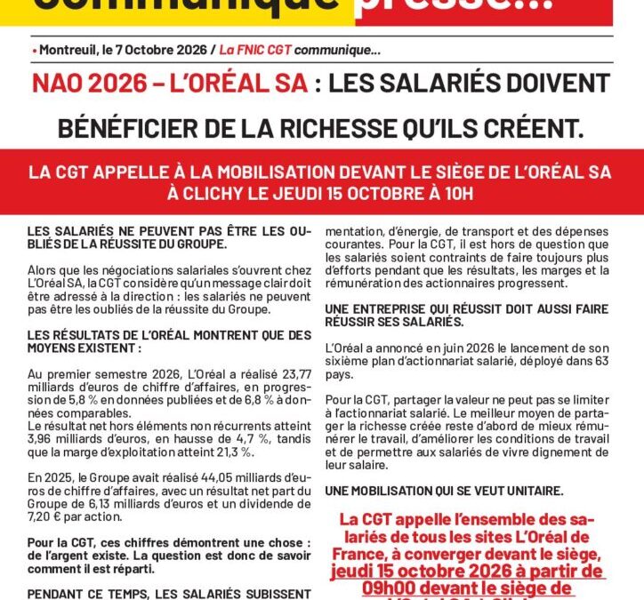 Communiqué de presse : NAO 2026 – L’ORÉAL SA : LES SALARIÉS DOIVENT BÉNÉFICIER DE LA RICHESSE QU’ILS CRÉENT