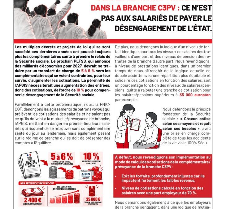 COMPLÉMENTAIRE / PRÉVOYANCE DANS LA BRANCHE C3PV : CE N’EST PAS AUX SALARIÉS DE PAYER LE DÉSENGAGEMENT DE L’ÉTAT.